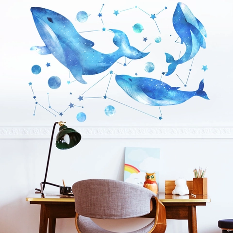 Adesivi Murali Balena Blu Acquerello Cielo Stellato PVC Pianeta Costellazione Decalcomanie Per Cameretta Bambini Impermeabile Rimovibile