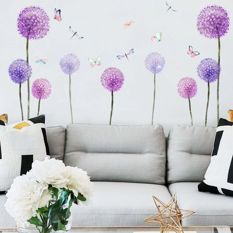 Purple Dandelion And Colorful Butterfly Wall Stickers Removable PVC DIY Art Mural For Living Room Bedroom Home Decor