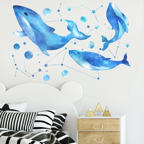 Adesivi Murali Balena Blu Acquerello Cielo Stellato PVC Pianeta Costellazione Decalcomanie Per Cameretta Bambini Impermeabile Rimovibile