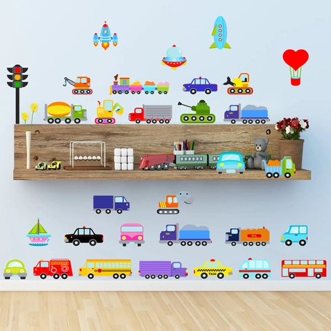 Cartoon Transport Muurstickers PVC Waterdicht Verwijderbare Decals Kinderkamer Brandweerwagen Raket Trein Kleurrijk