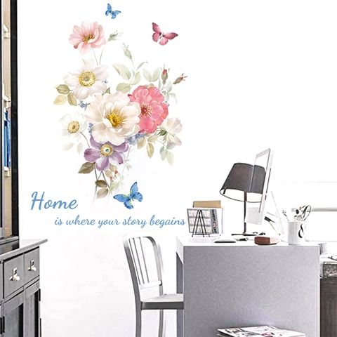 Adesivi Murali Creativi Peonia e Farfalle Con Citazione Home Is Where Your Story Begins Adesivo Parete Impermeabile in PVC