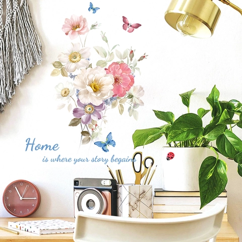 Adesivi Murali Creativi Peonia e Farfalle Con Citazione Home Is Where Your Story Begins Adesivo Parete Impermeabile in PVC