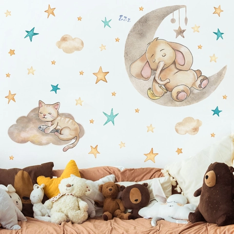 Aquarel Tekenfilm Olifant Maan Kat Slaapt Op Wolk Muurstickers Voor Kinderkamer Slaapkamer PVC Decoratieve Muurschildering