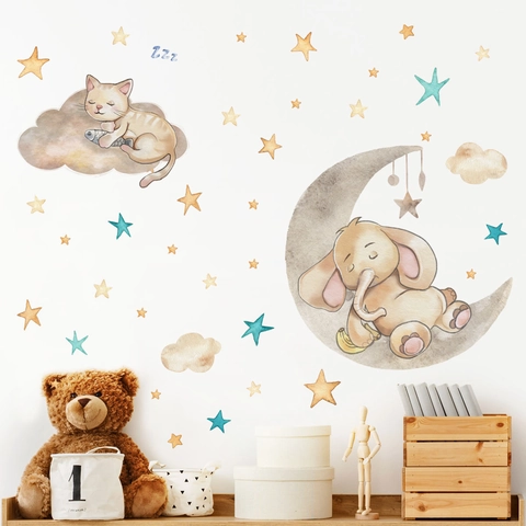 Aquarel Tekenfilm Olifant Maan Kat Slaapt Op Wolk Muurstickers Voor Kinderkamer Slaapkamer PVC Decoratieve Muurschildering