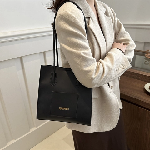 Bolso de Mano de Cuero PU para Mujer Gran Capacidad Minimalista Bolso de Hombro Color Sólido Con Bolsillo Frontal Oficina Diario
