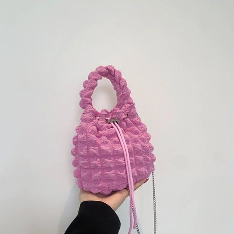 Borsa a Secchiello Donna Trama a Bolle Alla Moda Plissettata Coulisse Borsa a Spalla Con Tracolla a Catena Piccola Versatile