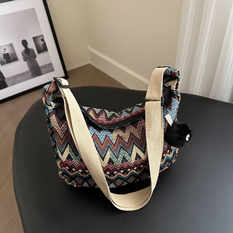 Bohemian Ethnic Woven Shoulder Bag Geometric Zigzag Pattern Canvas Knitted Hobo Bag For Women Daily Travel Casual Crossbody Bag