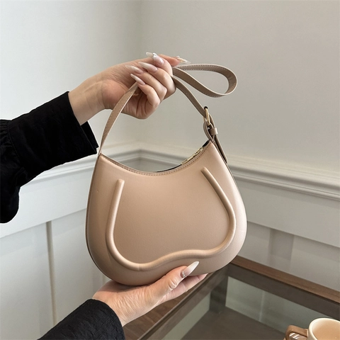 Women Vintage Solid Color Underarm Bag Fashion Korean PU Leather Shoulder Bag Minimalist Half Moon Hobo Bag For Daily Match