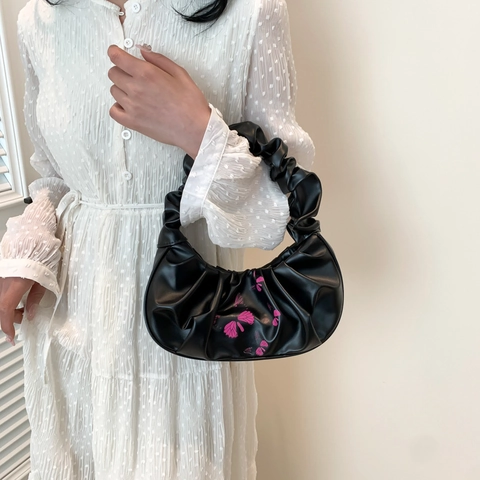 Damen Raffungen Cloud Achseltasche Mode Schmetterlingsdruck PU Leder Schultertasche Mit Gefaltetem Griff Chic Handtasche