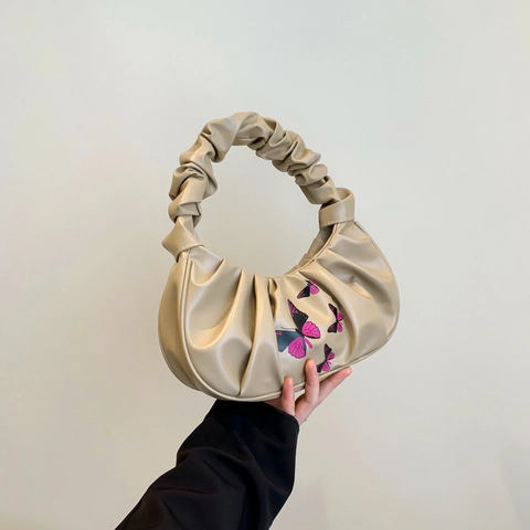 Damen Raffungen Cloud Achseltasche Mode Schmetterlingsdruck PU Leder Schultertasche Mit Gefaltetem Griff Chic Handtasche