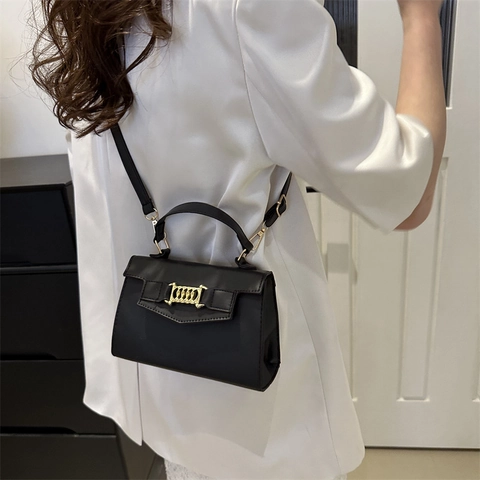 Women PU Leather Shoulder Bag Elegant Small Square Crossbody Handbag With Golden Metal Chain Buckle Top Handle Flap
