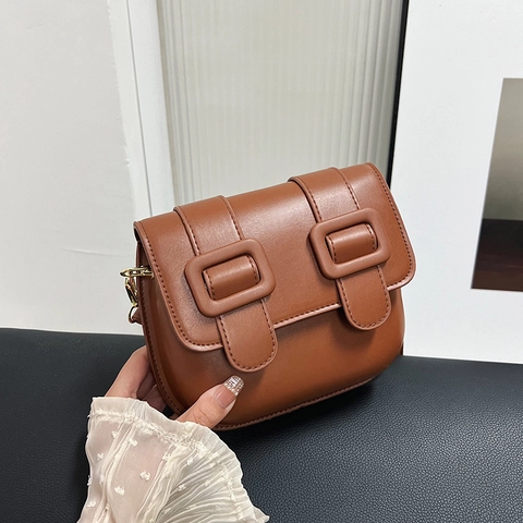 Damen PU Leder Satteltasche Umhängetasche Mit Doppelschnalle Elegante Kleine Schultertasche Vielseitige Tägliche Gold Hardware