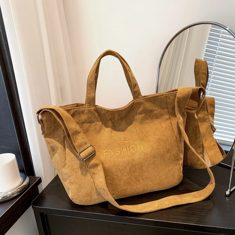 Borsa Tote da Donna in Velluto a Coste Grande Capacità Casual Vintage Ricamo di Lettere Borsa a Tracolla Versatile Quotidiana