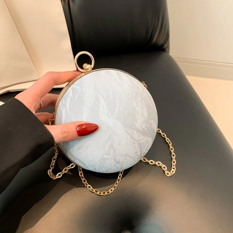 Borsa da Sera Tonda Donna Motivo Marmorizzato PU Pelle Borsa a Tracolla Con Catena Dorata Feste Matrimoni