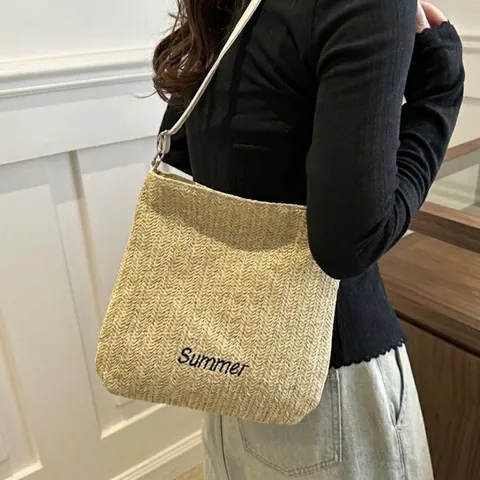 Damen Sommer Stroh Umhängetasche Große Kapazität Tragetasche Mit Buchstaben Stickerei Kunstleder Riemen Lässig Urlaub Handtasche