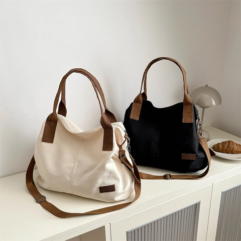 Bolso Tote de Lona de Gran Capacidad para Mujer Color de Contraste Moda Casual Bolso de Hombro Con Cremallera Diario Compras