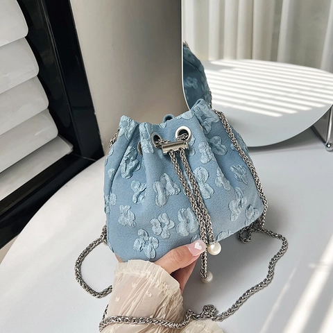 Damen Eimer Tasche Mit 3D Blumenmuster Künstliche Perlenanhänger Metallkette Kordelzug Schultertasche Umhängetasche Mode