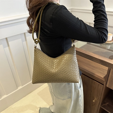 Geweven PU-Leren Hobo Underarm Tas Voor Dames Retro Geweven Patroon Schoudertas Met Rits En Knoopriem