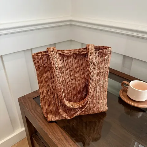 Damen Gewebte Stroh Tragetasche Sommer Koreanischer Stil Fischgrätenmuster Schulter Unterarmtasche Magnetverschluss Handtasche