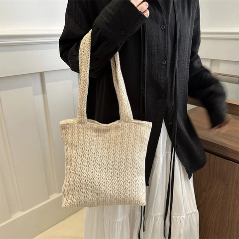 Damen Gewebte Stroh Tragetasche Sommer Koreanischer Stil Fischgrätenmuster Schulter Unterarmtasche Magnetverschluss Handtasche