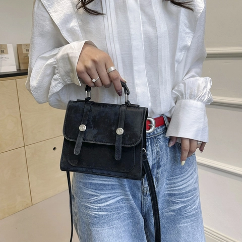 Women PU Leather Square Crossbody Bag Minimalist Flap Handbag With Top Handle And Adjustable Strap Retro Casual