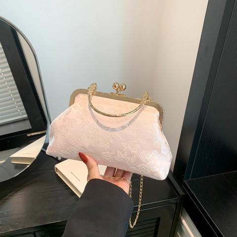 Vintage Damen Abendtasche Mit Jacquard Muster Goldener Kussverschluss Und Metallgriff Ideal Für Bankette Retro Umhängetasche