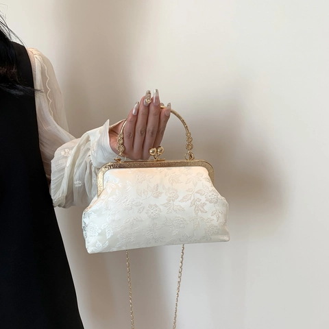 Bolso de Noche Vintage de Jacquard Floral Con Asa de Metal Dorado Y Cadena Mujer Elegante Bolso de Mano de Satén para Boda