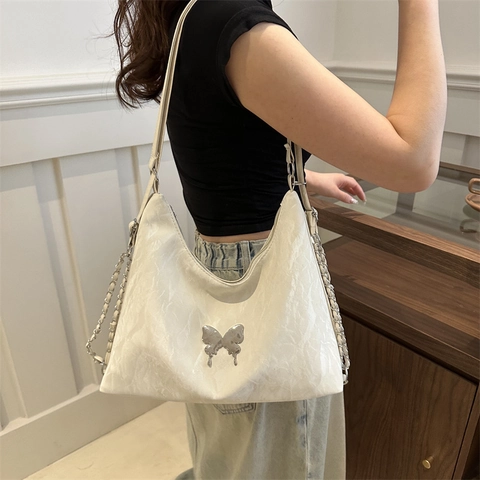 Borsa Hobo In Pelle PU Pieghettata Con Fibbia A Farfalla In Metallo Donne Y2K Streetwear Borsa A Spalla Sottobraccio Catena