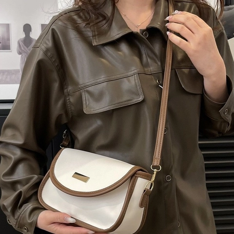 Bolso de Hombro Cuadrado Pequeño de Cuero PU Minimalista para Mujer Retro Color de Contraste Bolso Bandolera Con Decoración de Metal