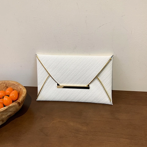 Women Envelope Clutch Bag PU Leather Woven Texture Gold Metal Trim Banquet Party Wedding Fashion Elegant