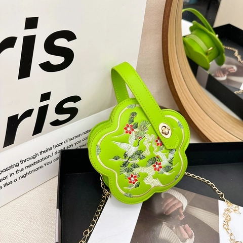 Kids Girl Embroidered Flower Shape Shoulder Bag Chinese Style Crane Plum Blossom PU Leather Handbag With Chain Strap