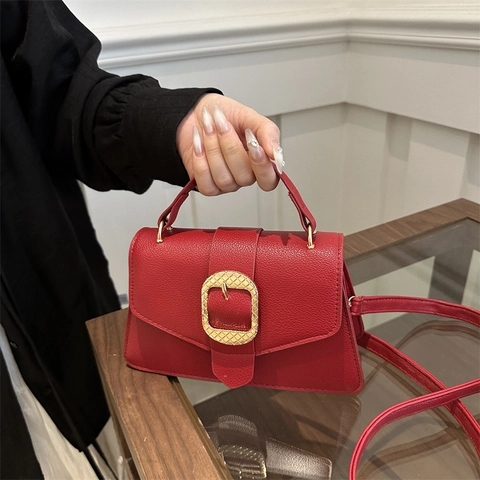 Retro PU Leather Lychee Pattern Small Square Bag For Women 2025 Summer New Fashion Handbag With Gold Metal Buckle Crossbody Shoulder Bag