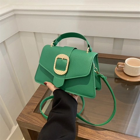 Retro PU Leather Lychee Pattern Small Square Bag For Women 2025 Summer New Fashion Handbag With Gold Metal Buckle Crossbody Shoulder Bag
