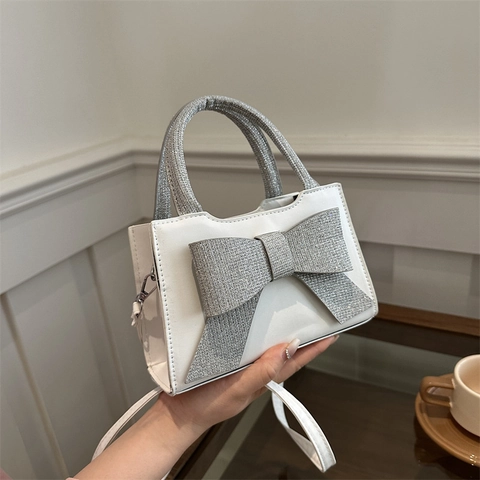 Borsa A Mano Da Donna In Pelle PU Con Grande Fiocco Glitterato Argento Borsa A Tracolla Chic Alla Moda