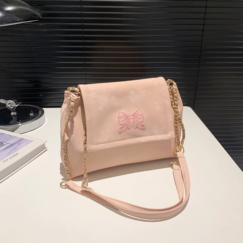 Women Embroidered Butterfly Bow Flap Shoulder Bag PU Leather Chain Strap Crossbody Bag Casual Underarm Commuter Bag