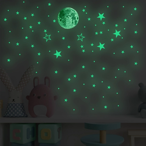 Autocollants Muraux Lune Étoiles Points Lumineux Dans Le Noir PVC Fluorescents Pour Décoration De Chambre D'enfant