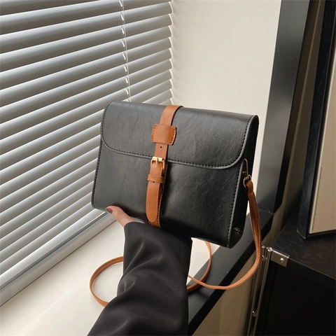 Bolso Cuadrado Pequeño de Cuero PU de Moda para Mujer Retro Color de Contraste Bolso de Hombro para Viaje Diario