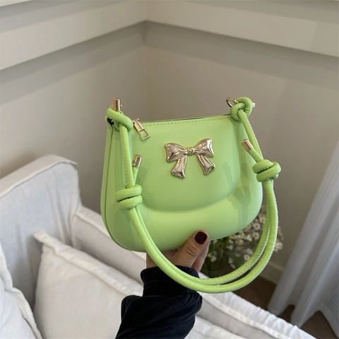 Bolso de Axila de Cuero PU para Mujer Con Lazo Dorado Correa de Nudos Elegante Color Sólido Bolso Pequeño de Hombro Moda Verano