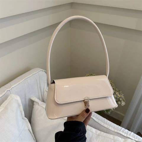 Damen Vintage Glänzendes PU Achseltasche Metallschloss Rechteckige Schultertasche Street Style Baguette Handtasche