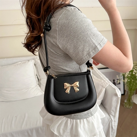 Bolso de Axila de Cuero PU para Mujer Con Lazo Dorado Correa de Nudos Elegante Color Sólido Bolso Pequeño de Hombro Moda Verano