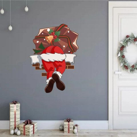 Christmas Wall Sticker Santa Claus In Chimney With Gift Bag PVC Removable Waterproof Festive Decal Home Decor