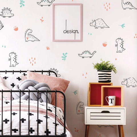 Autocollants Muraux Dinosaure Dessin Animé PVC Imperméable Style Nordique Dessiné À La Main Pour Décoration De Chambre D'Enfant