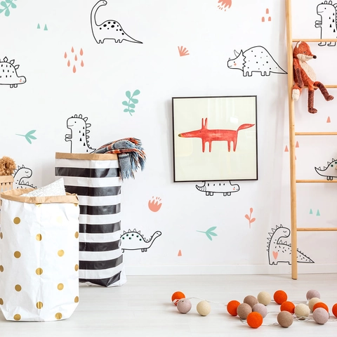 Autocollants Muraux Dinosaure Dessin Animé PVC Imperméable Style Nordique Dessiné À La Main Pour Décoration De Chambre D'Enfant