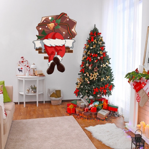 Christmas Wall Sticker Santa Claus In Chimney With Gift Bag PVC Removable Waterproof Festive Decal Home Decor