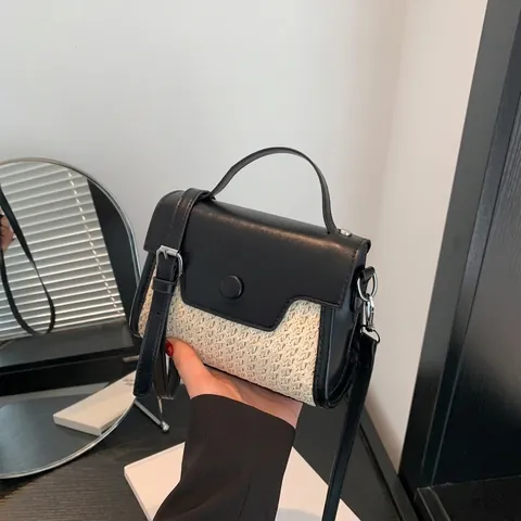 Borsa Quadrata Donna in Paglia Intrecciata e Pelle PU Patchwork Minimalista Tracolla e Manico Con Fibbia Rotonda