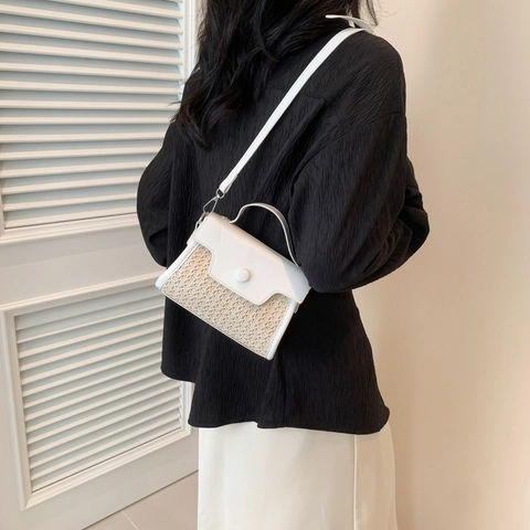 Borsa Quadrata Donna in Paglia Intrecciata e Pelle PU Patchwork Minimalista Tracolla e Manico Con Fibbia Rotonda