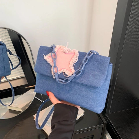 Women Y2K Denim Shoulder Bag Pink Star Frayed Patch Design Plastic Chain Crossbody Purse Trendy Streetwear Handbag For Ladies