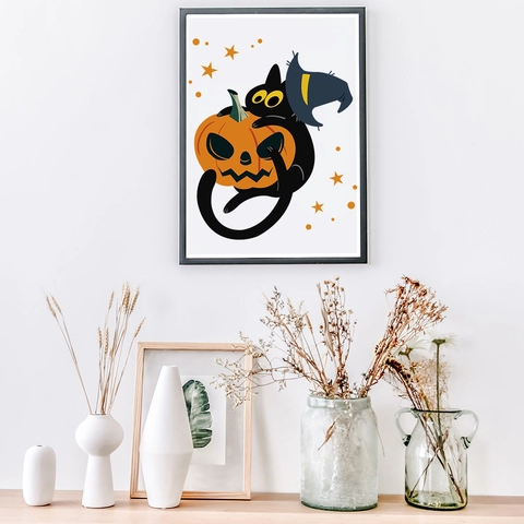 Pegatina de Pared Halloween Gato Negro Con Linterna de Calabaza Sombrero de Bruja PVC Impermeable Removible para Sala de Estar Baño Hogar