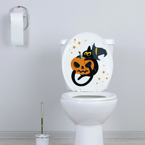 Pegatina de Pared Halloween Gato Negro Con Linterna de Calabaza Sombrero de Bruja PVC Impermeable Removible para Sala de Estar Baño Hogar