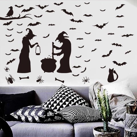 Halloween Wall Stickers PVC Waterproof Removable Witch Bat Silhouette Decals For Home Party Decoration